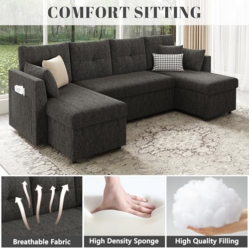 Image of Huatean Home Oversized Sleeper Sofa Couch, 110 inch 2 in 1 Pullout Couch Bed with Side Pockets for Living Room, Sectional Sleeper Sofa Bed with Double Storage Chaise, Black