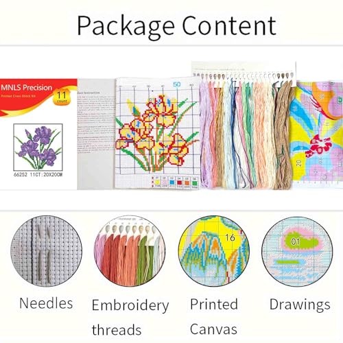 Image of Zhenqing Stamped Cross Stitch Kit,Floral Cross Stitch Designs,11count 7.87 * 7.87in,Counted Cross Stitch Kit,Simple and Easy to Embroider,Suitable for Beginners, Entry-Level kit-Iris (66252)
