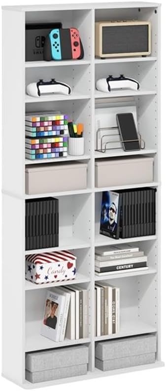 Pemberly Row 16-Shelf Multimedia Media Storage Tower Rack, Adjustable Composite Wood, White Finish, Wall Mount Kit Included, 7 in D x 24 in W x 54 in H, CD/DVD/Blu-Ray Storage for Media Room or