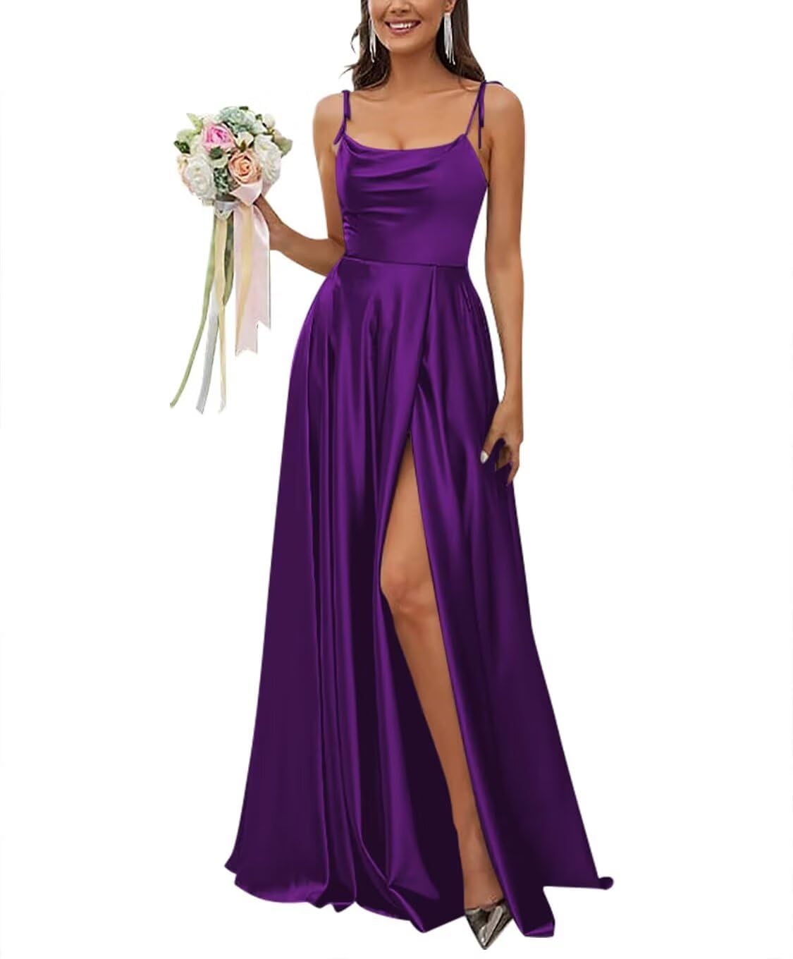 KIYNE Purple Satin Bridesmaid Dresses for Women with Slit Spaghetti Strap Cowl Neck Formal Wedding Guest Dress Party Gown UK14