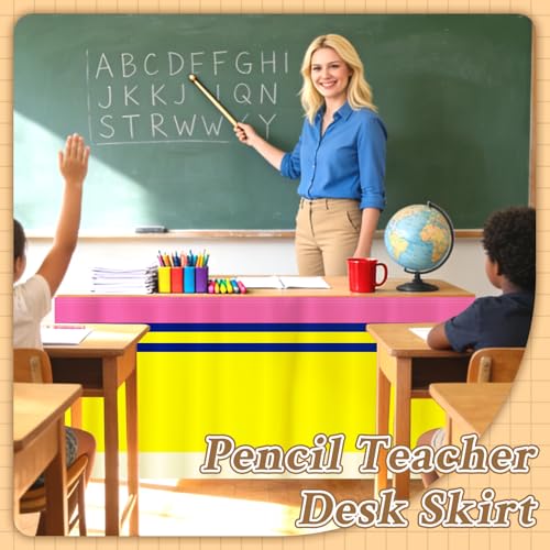 Image of 9FT Pencil Table Skirt Colorful Teacher Desk Skirt Classroom Table Cover for Back to School Decor Rectangle Tablecloth for First Day of School Party Supplies Kindergarten Office Bookcase Cabinet