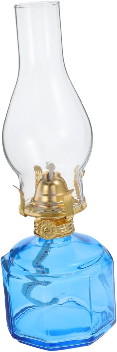 Cabilock 1 Set Vintage Glass Kerosene Oil Lamp Lantern Antique Chamber Oil Lamp for Indoor and Outdoor Use Blue Retro Design with Wick Portable Hurricane Light for Home Decor and Emergency