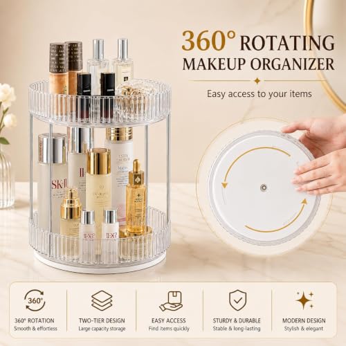 Image of MECHDEL Makeup Organiser Box with Drawers, Perfume, Cosmetic and Skincare Storage Stand, Dressing Table Organiser for Lipstick, Nail Polish (360 Rotating-Transparent White, 2 Tier)