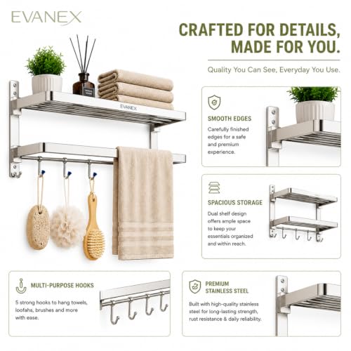Image of EVANEX Towel Rack for Bathroom 304 Stainless Steel Towel Holder 24 Inch Folding Towel Rack with Shelf Wall Mounted Chrome Finish Bathroom Organizer, Bathroom Accessories Set