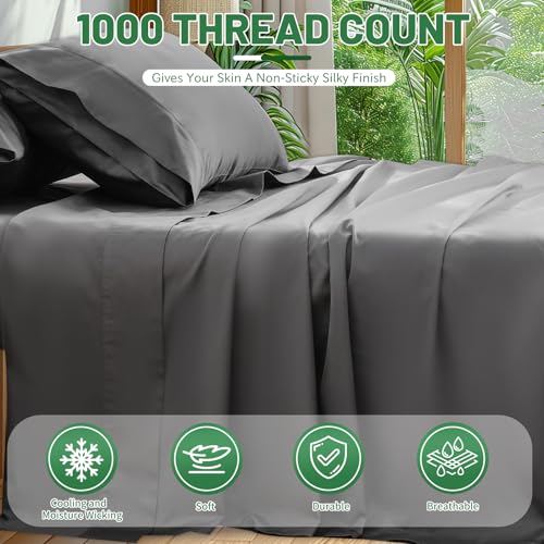 Image of 100% Egyptian Cotton Sheets King Size 4PCS 1000 Thread Count Sateen Weave Soft Breathable 16-Inch Deep Pocket (King,Dark Grey)