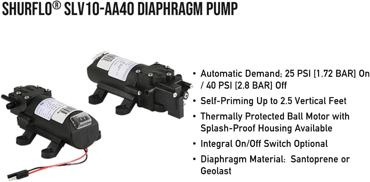 PENTAIR SHURFLO SLV10-AA40 12VDC Low Volume Automatic Demand Diaphragm Pump For Low Flow Spraying and Transfer, 1.0 GPM, 40 PSI, Pressure Switch, Self-Priming