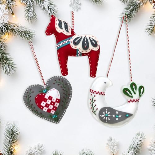 Image of 2024 Three Scandinavian Felt Ornaments Kit Hand Embroidery Christmas Ornaments Kit with DIY Material Package for Beginners Adults, 2025 Christmas 3D Novice Embroidery Needlepoint Starter Kit (B)