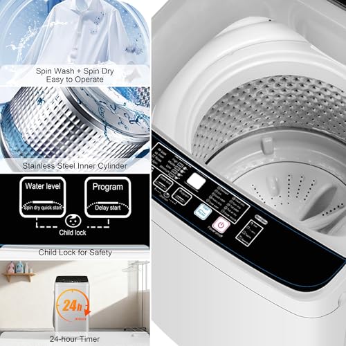 Image of Portable Washing Machine, Full Automatic Portable Washer 17.7lbs Small Washing Machine 10 Wash Programs, 24hr Timer, Drain Hose, Apartment Washer Machines for RV, Dorm, College, Home, Off-White