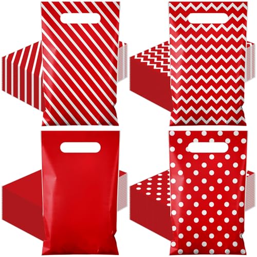 Colarr 100 Pack Mother's Gift Bags with Handles, Small Plastic Party Favor Bulk, Red and White Treat Goodie Bags for Candy Cookies Snacks, 4 Designs for Parties Gift Wrapping