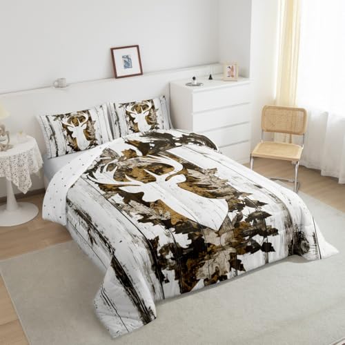 Image of Feelyou Camo Deer Comforter Set Queen Size Deer Antlers Army Camouflage Bedding Set Boys Girls Hunting Comforter Set Animal Duvet Insert Bed Set 3Pcs