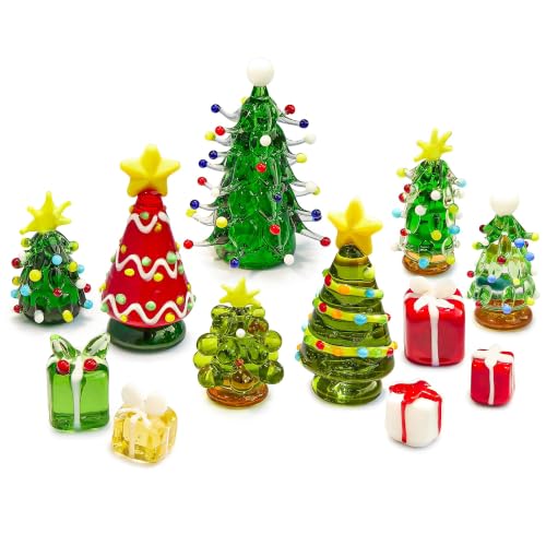 12PCS Mini Christmas Figurines Blown Glass Christmas Tree & Gift Box Decor