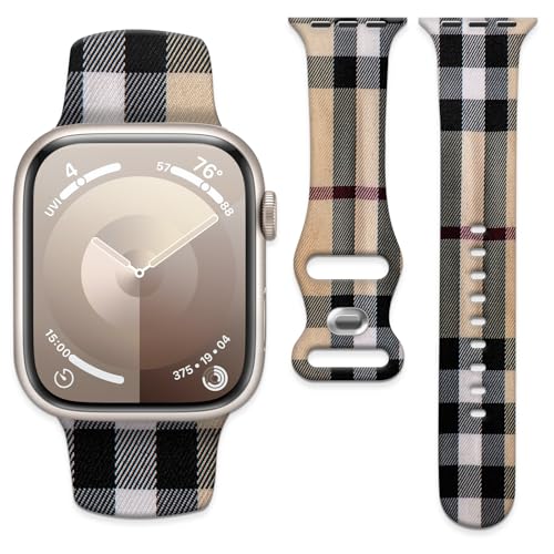 Watch Band Compatible with Apple Watch 38mm 40mm 41mm Soft Silicone Wristbands Replacement Strap with Classic Clasp for iWatch Series SE 8 7 6 5 4 3 2 1 Utral for Women(Camel Plaid)
