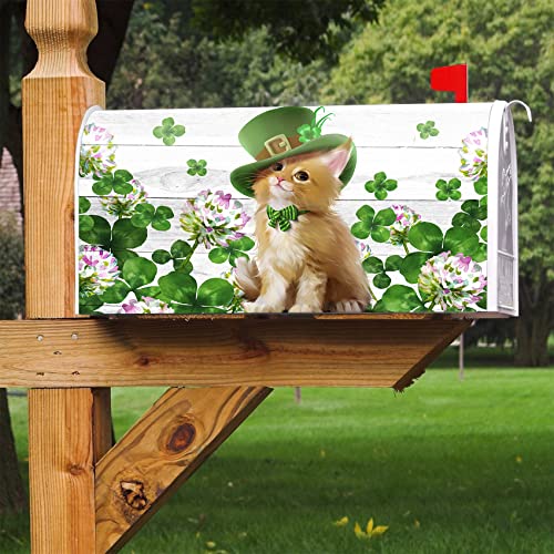 Image of Texupday Cute Cat Kitten Clover Floral Decoration St.Patrick's Day Mailbox Cover with Magnetic Strip Holiday Mailbox Wraps Post Letter Box Cover Standard Size 21 inch X 18 inch for Garden Outdoor Yard Decor