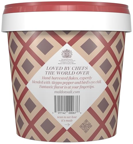 Image of Maldon Chili Sea Salt with Aleppo & Bird's Eye Chilies, Perfect for a Wide Range of Dishes, Fantastic Burst of Flavor, Pyramid-Shaped Flakes - 1.1lb Tub