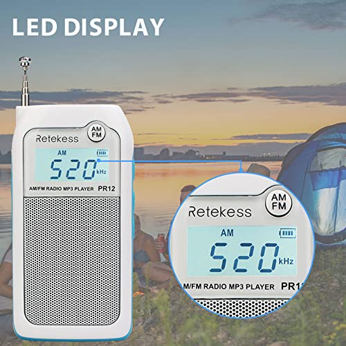 Retekess PR12 Radio de Bolsillo, Mini Radio Portátil Pequeña FM Am, Ajuste DSP, Excelente Recepción, Sonido, Soporte Tarjeta TF, Batería Recargable, (Blanco)