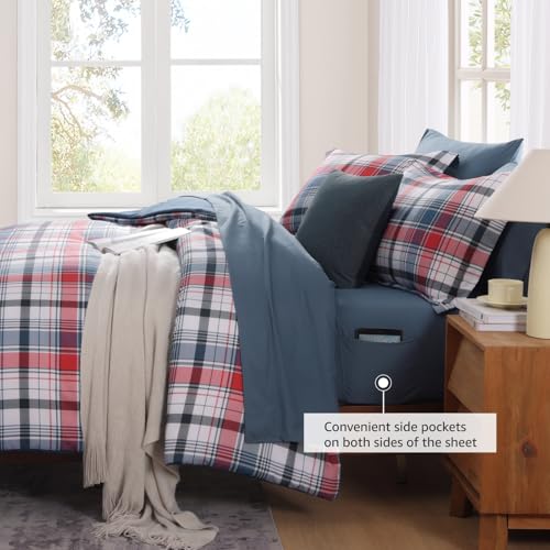 Image of MaiReve Full Size Plaid Comforter Set Navy Red, Classic 7 Pieces Farmhouse Bedding Set, All Season Lightweight Bed in A Bag with Sheets, Pillowcases & Shams