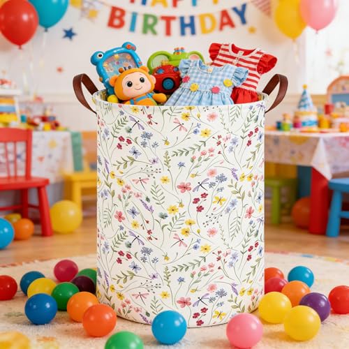 Image of Flower Laundry Hamper,Nursery Hampers,Waterproof folding Boho Flower Plants Kid Laundry Hamper with Handle,Clothes Organizer Basket,Gift Baskets,Room Decor(Butterfly flowers)
