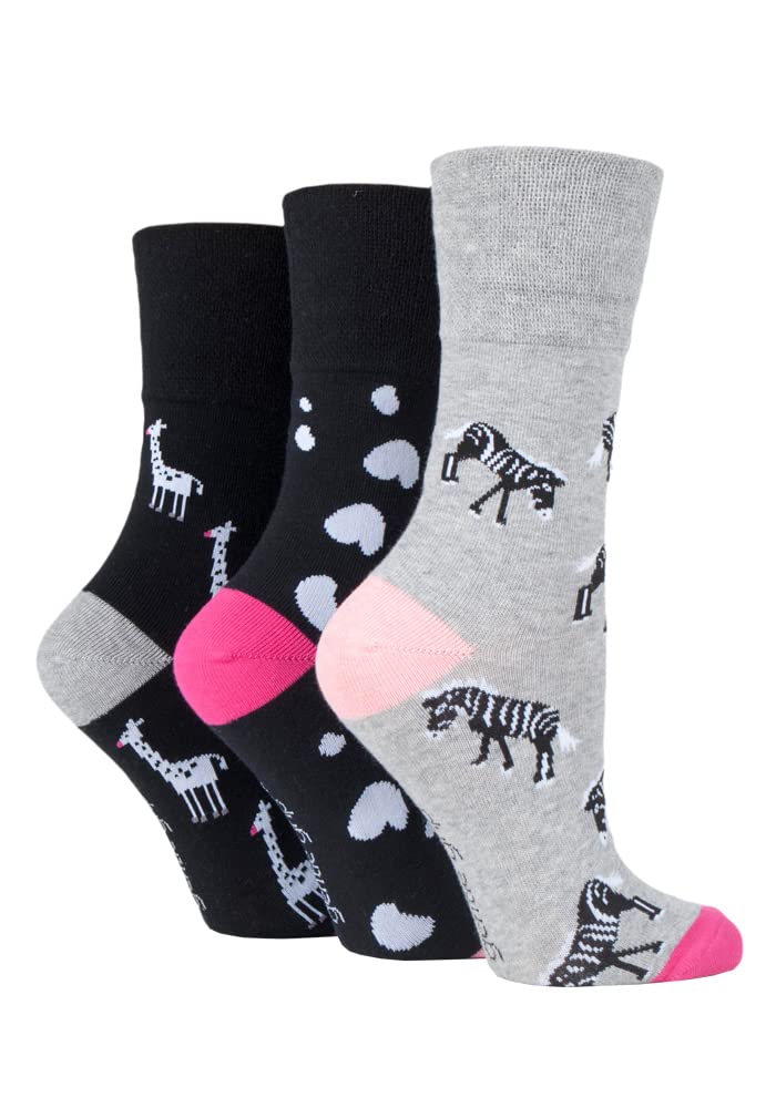 Sockshop Women's Zebra Life Gentle Grip Fun Feet Non-Binding Honeycomb Gentle Top Novelty Patterned Socks In A Multipack Of 3 Assorted Colours Size 4-8 4-8