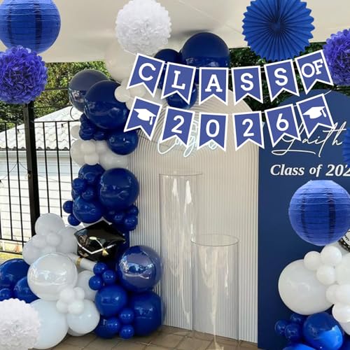 Image of Blue Graduation Party Decoration Class Banner Hanging Pom Poms Flowers High School College Grad Supplies