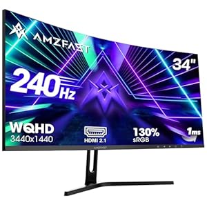 Amzfast 34 Zoll Curved Gaming Monitor, 3440×1440 UWQHD, 240Hz, 21:9 VA Panel, 1500R, 1ms MPRT, Adaptive Sync, HDR, DCI-P3 98%, sRGB 130%, Pip/PBP, HDMI2.1 & DP1.4, VESA 75x75mm, AMZG34C5Q Pro