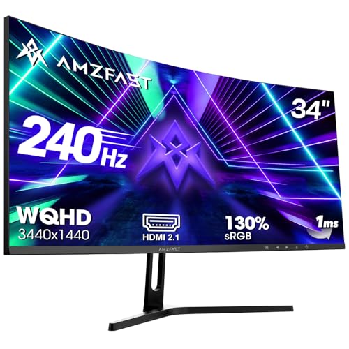 Amzfast Curved Gaming Monitor 34 Zoll, 240Hz, UltraWide QHD(3440x1440), 21:9, Eyes-Care, HDR, 1 ms MPRT, Adaptive Sync, sRGB 130% / DCI-P3 98%, HDMI 2.1*2, DP 1.4*2, VESA 75x75, PIP/PBP, AMZG34C5QPro