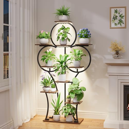 POZILAN Plant Stand Indoor with Grow Lights - 63" Tall Corner Plant Stands for Indoor Plants - 10 Tiered Plant Shelf with Grow Light, Multiple Metal Lighted Plant Stand for Balcony, Living Room, Patio