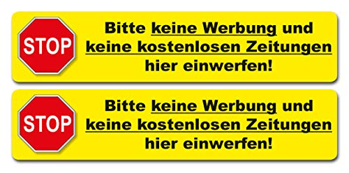 2 Aufkleber - Bitte keine Werbung und keine kostenlosen Zeitungen... 140 x 30 mm - Vinyl in gelb