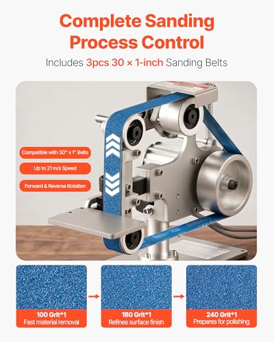 Image of VEVOR Belt Grinder Sander with VFD, 30 x 1-Inch Variable Speed Belt Polisher, 550W Polishing Grinding Machine with 2 Grinding Modes & 3PCS Sanding Belts for Metalworking, Knife Making