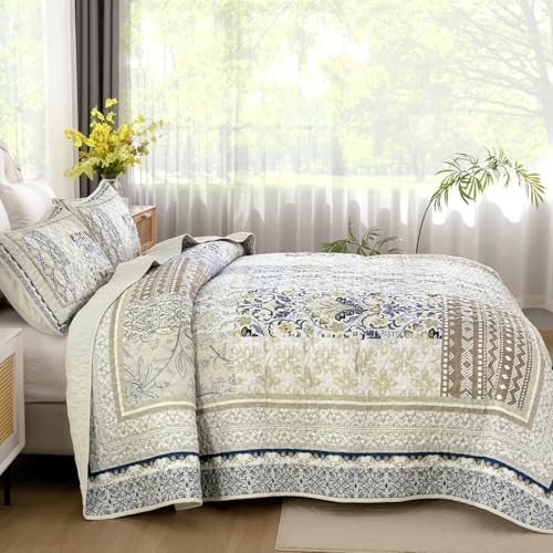 Juego de edredón bohemio Queen WONGS Bedding colcha de patchwork beige de microfibra para cama 4