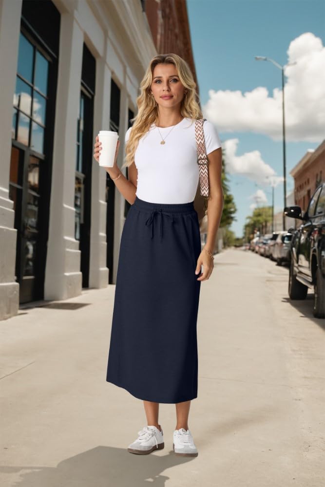 PrinStory Mujer Faldas Midi Verano Cintura Elástica Cordón Ajustable Faldas Con Bolsillos