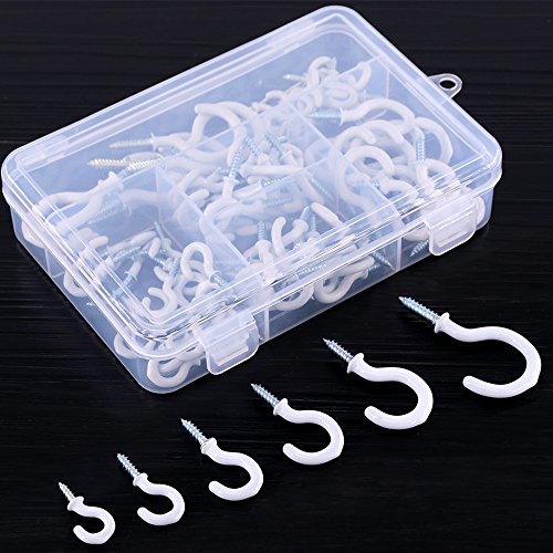 Image of Swpeet 100Pcs White Cup Hooks Assortment Kit, Vinyl Coated Ceiling & Wall Hooks Holder for Home, Office & Workplace - 1 /2 inch, 5 /8 inch,3 /4 inch,7 /8 inch,1'',1-1 /4 inch (White)