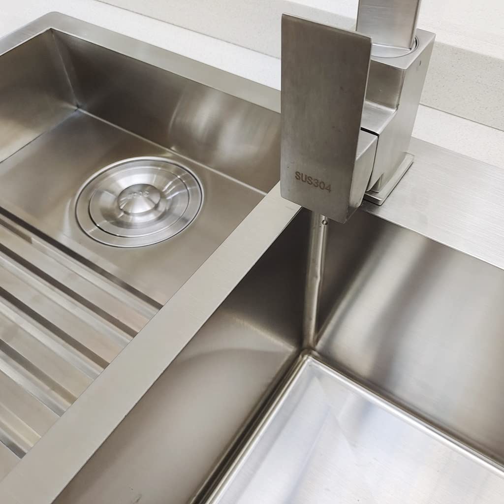 Fregadero de lavandería Plateado, de Acero Inoxidable 304, Doble cubeta Profunda, instalación empotrada o bajo encimera, con Grifo, Fregadero de Cocina Auxiliar, fácil de Limpiar (
