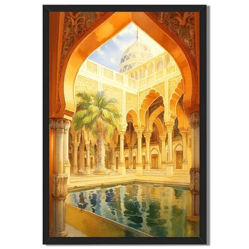 Framed Moroccan Courtyard Architecture Canvas Print Vintage Islamic Garden Poster