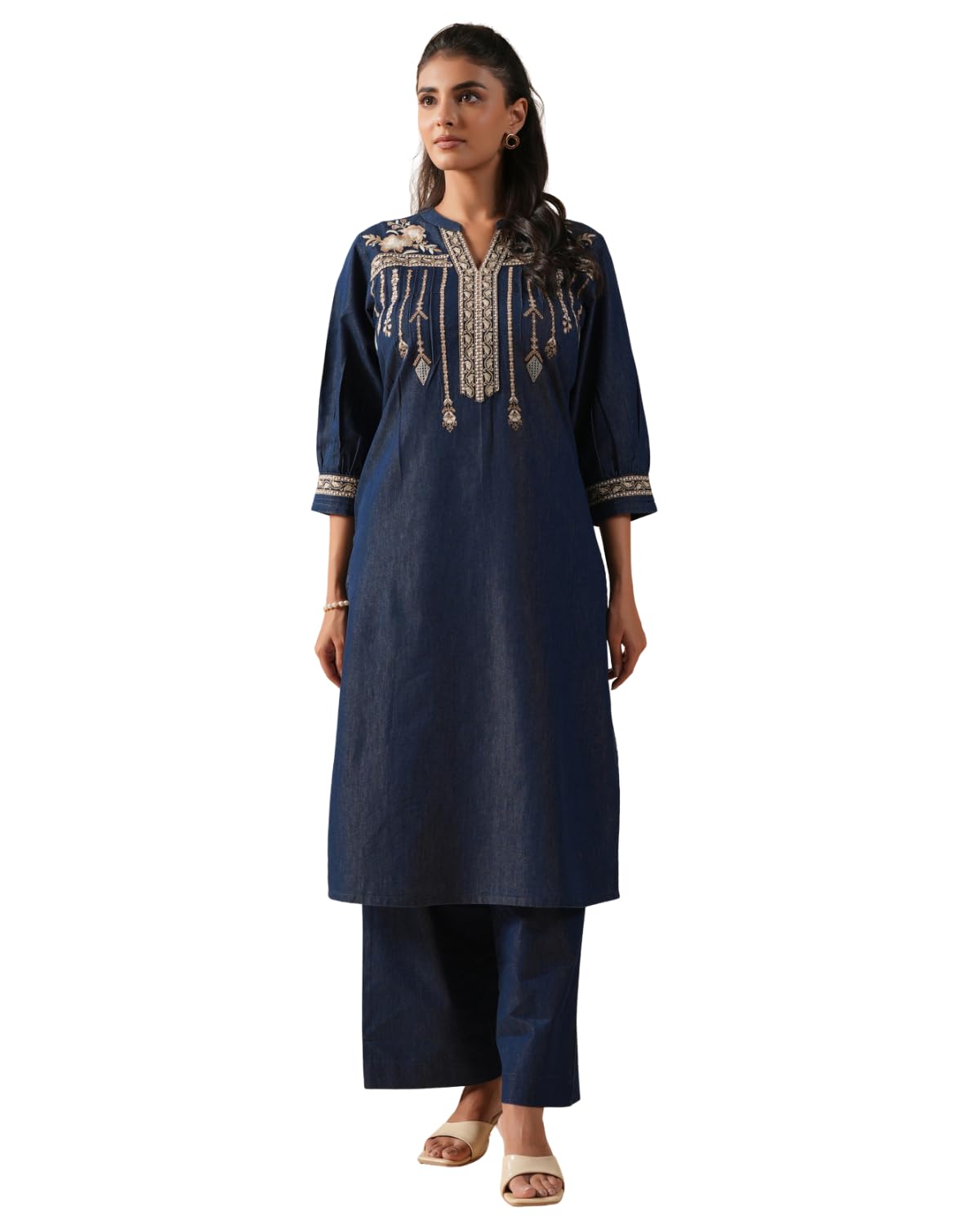 Levi's Womenâ€™s Denim Embroidered Straight Kurta with 3/4 Sleeves | Ethnic Casual Kurti for Women | Black Embroidered Kurta Only in black