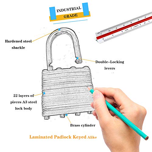 CINCINNO Laminated Heavy Duty Padlocks Keyed Alike Set of 6,Key Lock of 1-9/16\"(40mm) Wide Body 2-inch Long Shackle Padlocks with Same Keys