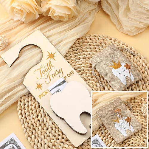 Image of DoubleFill Fairy Tooth Gift Holder Bag Door Hanger Lost Teeth Keepsake Box Tooth Fairy Kit Stores Back to School Gift for Lost Teeth Boy Girl Primary School Classroom Gifts(Classic,Light Brown)
