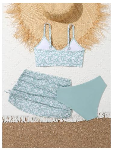 Image of COZYEASE Girls' 3 Piece Set Floral Print Bikini Swimsuit with Drawstring Beach Skirt Cute Ruched Bathing Suit