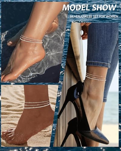 Image of ZHESHY Gold Silver Ankle Bracelets for Women 14K Gold Plated Anklets for Women Waterproof Cuban Link Heart Chain Anklets Set Non Tarnish Dainty Layered Anklet Bracelets for Women Summer Beach Jewelry