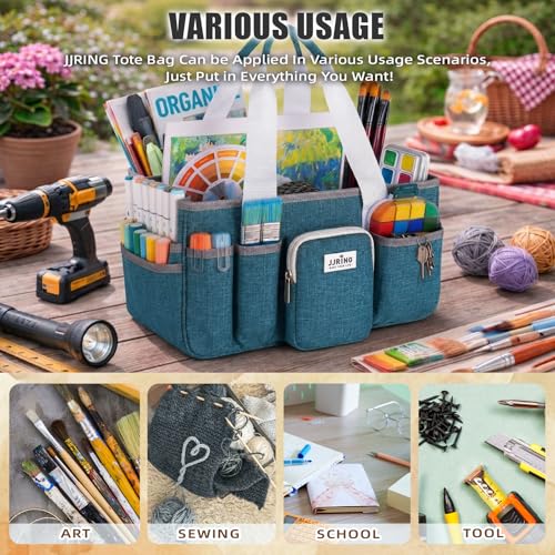 Image of JJRING Craft Organizer Tote Bag, Portable Art Caddy with Adjustable Divider&Secure Zipper Pocket, Large Foldable Storage Tote for Scrapbooking, Sewing, Artist and Home(Green)