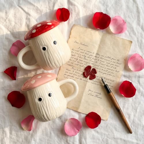 Image of Mushroom Ceramic Mugs Set of 2 Red Pink | 300ml Coffee Tea Cups with Lids Polka Dot | Microwave Dishwasher Safe | Valentine Couple Gift | Kawaii Home Decor Kitchen Dining Handmade India