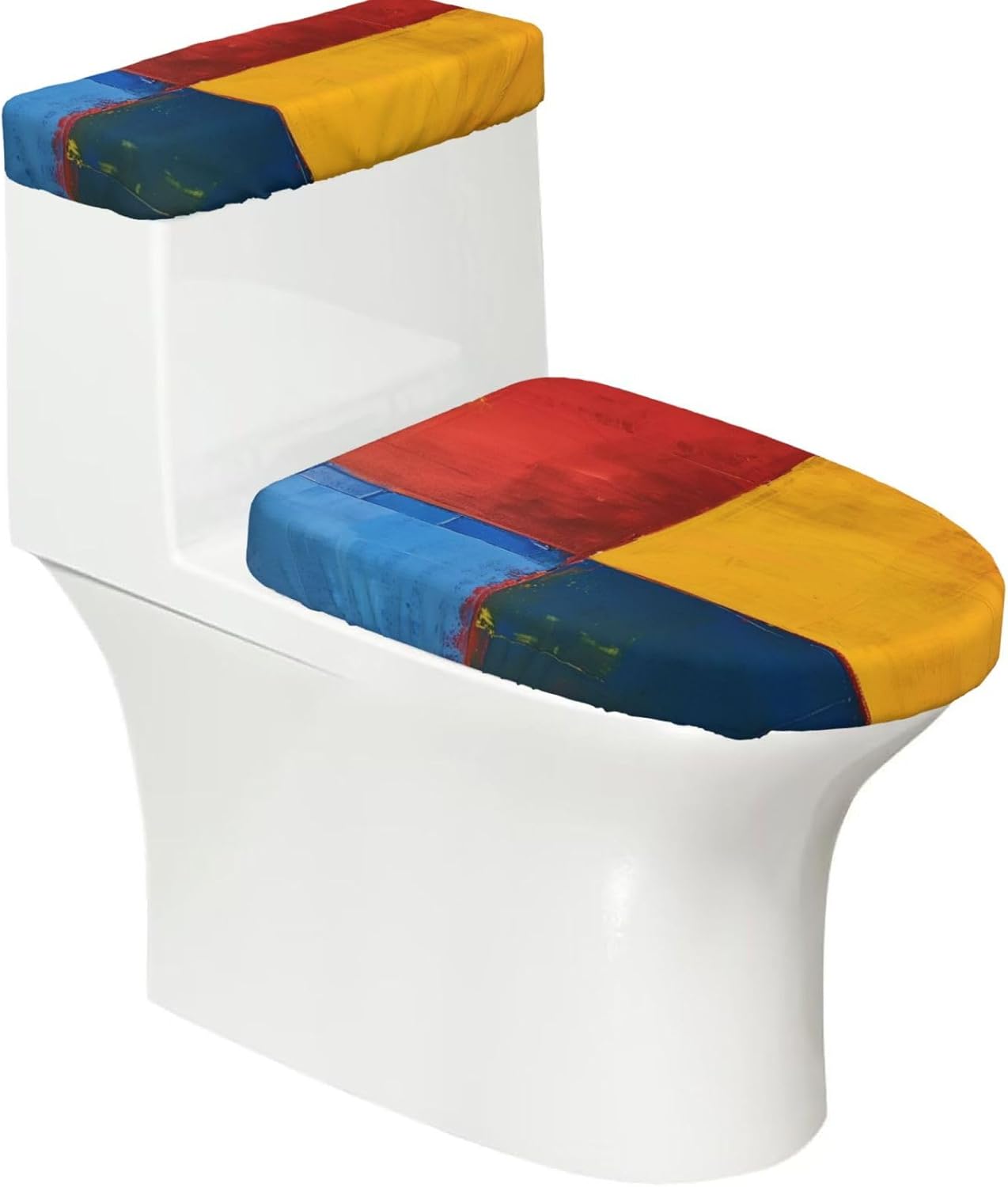 Red, Yellow, Blue Toilet Lid Cover and Toilet Tank Lid Cover Set, 2-Piece Bathroom Toilet Lid Seat Cover Set Polyester Set for U/O/Long Shape Toilets