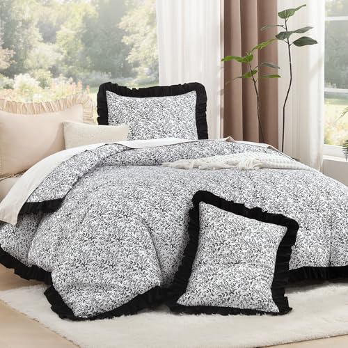 Image of Litanika Black White Queen Comforter Set, 3 Pieces Ruffle Floral Farmhouse Aesthetic Bedding Comforter Set, All Season Soft Lightweight Fluffy Microfiber Bed Set(90x90In Comforter, 2 Pillowcases)