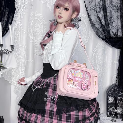 Image of Women TV Shape Ita Bag Pink Television Shoulder Bag Design Ita Backpack Unique female Clear Window Anime Pins Display Crossbody Bag（pure pink）