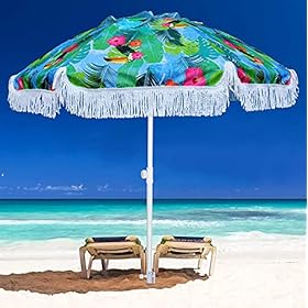 AMMSUN 6.5ft Heavy Duty HIGH Wind fringe Beach Umbrella with sand anchor & Tilt Sun Shelter , UV 50+ Sun Protection… 51DOR6BLLoL. SS280