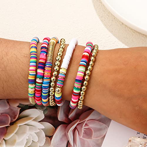 Colorful Beaded Bracelets For Women Heishi Bracelets Set Assorted Gold Bead Bracelets Set Stackable Vinyl Clay Disc Stretch Strand Bracelet #TOP1