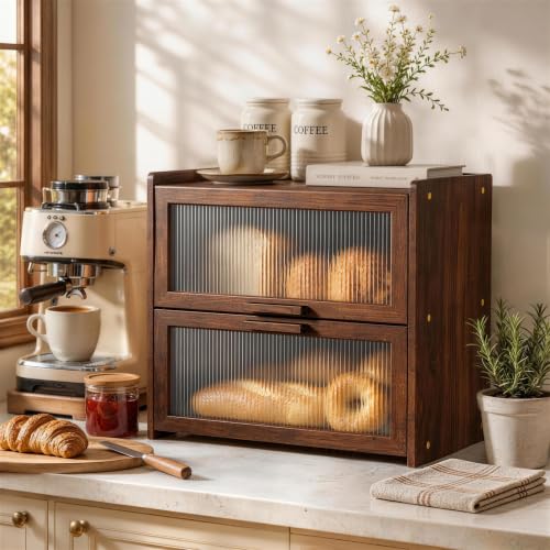 Kitsure Bread Box for Kitchen Countertop - Vintage Farmhouse Wooden Bread Boxes with 2 Layer Storage & Clear Viewing Doors, Multi-Purpose Storage Cabinet, 14.4" x 9.5" x 13.0", Brown
