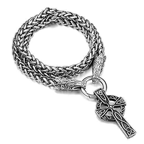 FaithHeart Celtic Knot Cross Pendant Necklace Norse Viking Wolf Head Punk Chains for Man Sturdy Chunky Wheat Neck Chain