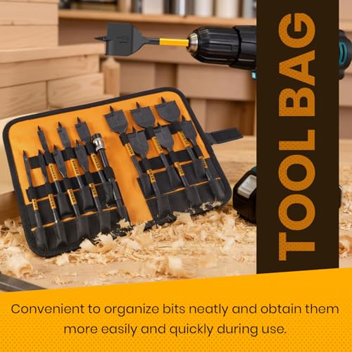 Image of PINOZE 14-Piece Spade Drill Bit Sets with 6 inch Quick-Load Extension, Paddle Flat Bit for Hole Cutter Woodworking, 1 /4 inch to 1-1 /2 inch, Self-Feeding Threaded Tip, 1 /4 inch Hex Shank, Storage Pouch Included