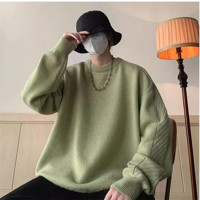 Vintage Crewneck Pullovers Knitted Sweater Men's Korean Solid Color Winter Streetwear Knitwear4