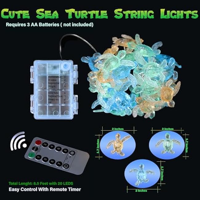 JASHIKA Beach Theme Sea Turtle Fairy Lights Marine Life-10ft 30LED Waterproof Battery Operated String Lights Indoor Outdoor-Cute Ocean D¨¦cor for Bedroom Garden Wreath Fence Bathroom Office Decor
